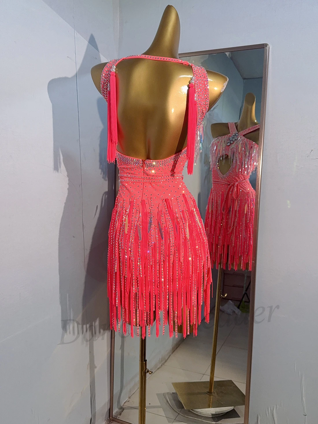 라틴 댄서 성인 어린이 하이 엔드 맞춤형 크리스탈 술 앞 가슴 접합 다이아몬드 바 차차 삼바 라인 석 드레스