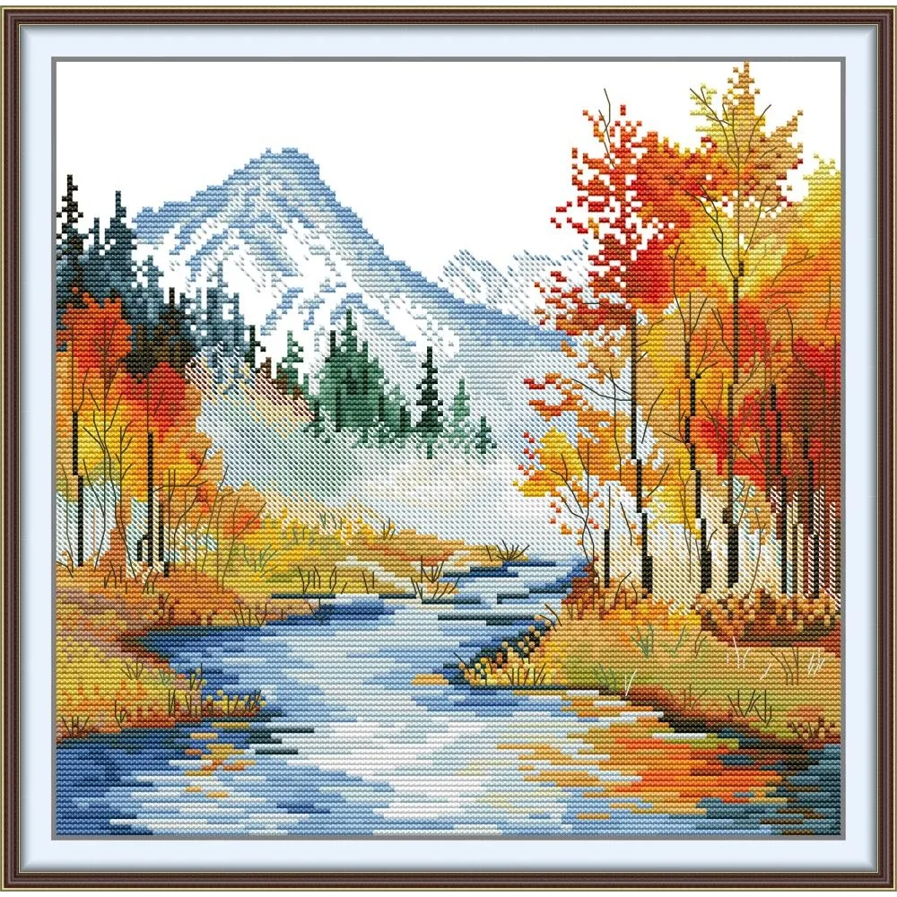 Kit de broderie pré-imprimé, tissu Aida estampé avec fils DMC, kit de broderie - Feuillage d'automne et montagnes