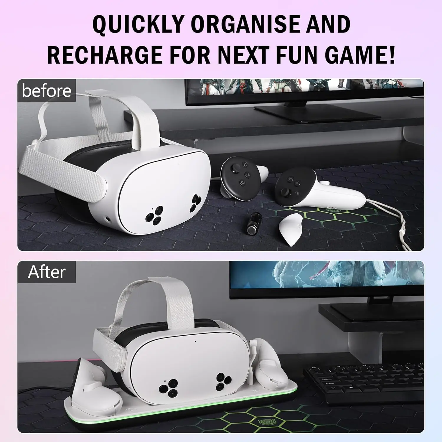 قاعدة شحن لـ Mate Quest 3/3S VR Stand لمحطة شحن Meta Quest3 تدعم سماعة الرأس مع كابل من النوع C وبطارية قابلة لإعادة الشحن