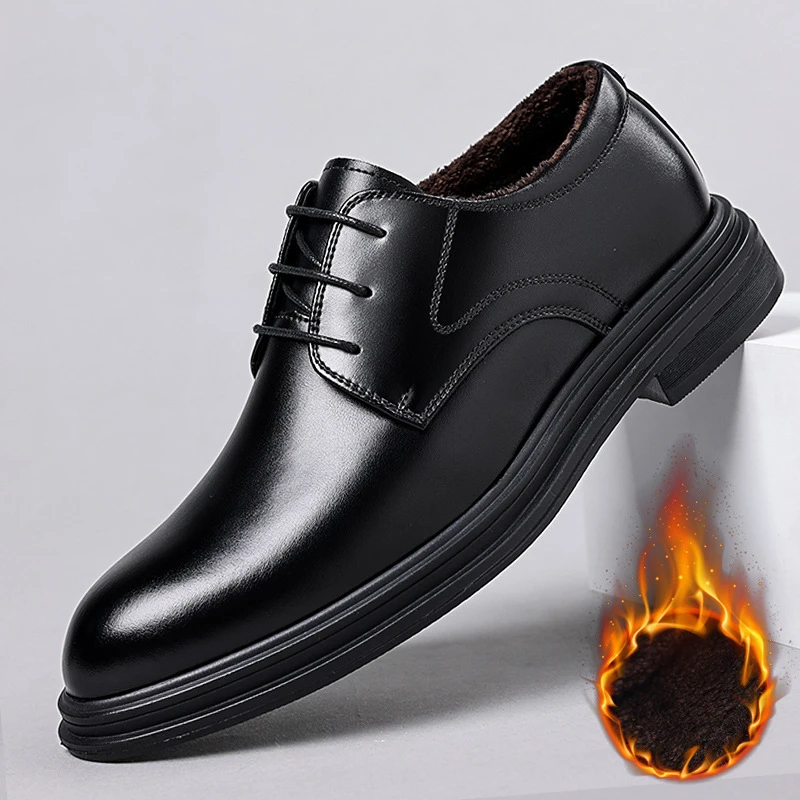 Womens Men Leather Shoes Autumn Winter Cowhide Leather Men Fur Lined Warm Elevator Shoes 6CM Height Increasing Formal Business