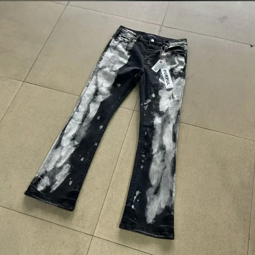 النمط الأمريكي شارع العليا رش الحبر جرس أسفل اللون كتلة الجينز الرجال سليم صالح مطاطا السراويل الطويلة العصرية العلامة التجارية الجديدة نموذج