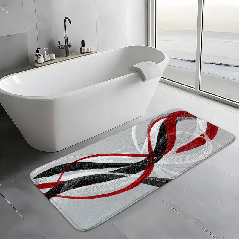 Modern Abstract Red Black Line Long Bathroom Runner Mat Anti Slip Water Absorbent Rug Swirl Art Decor Carpet for Shower Kitchen