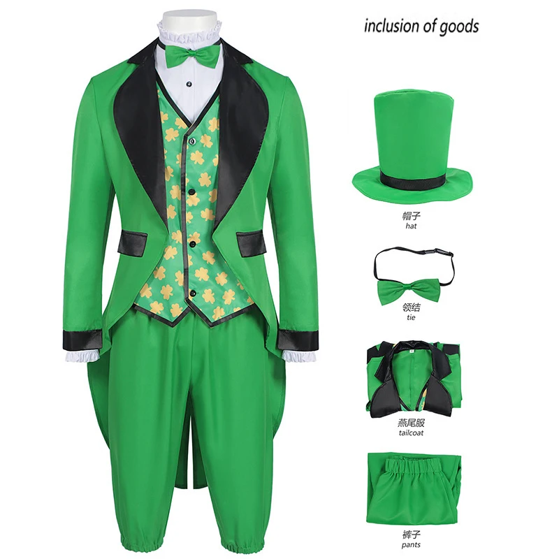 

Mens Leprechaun Costume Irish Fancy Dress Party Hat Bow Tie Costumes Carnival Adult Stage Role Play Clothing Set