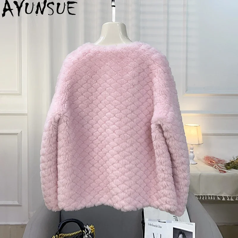 AYUNSUE Granular Wool Coats for Women 2023 Autumn Winter Short Sheep Shearing Jacket Korean Style Round Neck Roupas Femininas