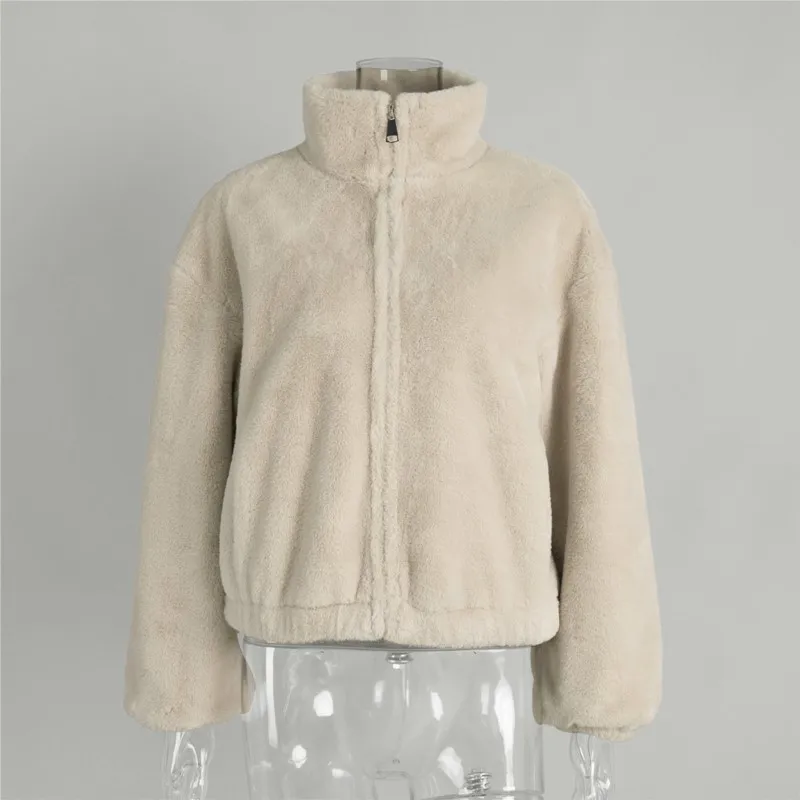 2025 New Women's Faux Fur Jacket Zipper Warm Plush Coat Oversized Soft Fluffy Stand Up Collar Autumn Winter Casual Jacket