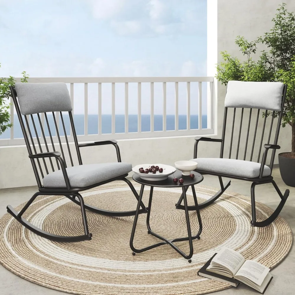3-piece outdoor rocking chair set, steel rocking chairs with cushions and 18-inch round side table, outdoor bistro set for pati