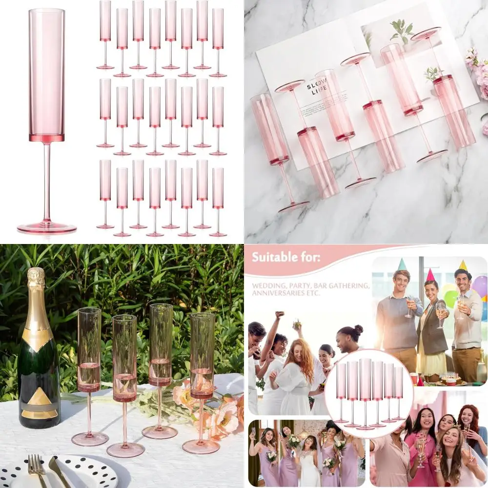 

Набор розовых акриловых флейт для шампанского, стаканы с квадратными стержнями на 24, 5,4 унции для свадебных тостов и многоразовых торжеств