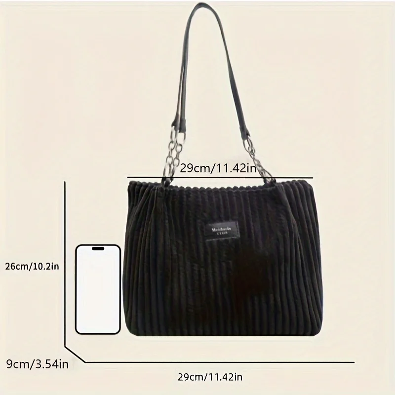 Borsa tote in velluto a coste di grande capacità, borsa a tracolla con catena per donna, fodera in poliestere, chiusura con zip, nero, beige, kaki, verde