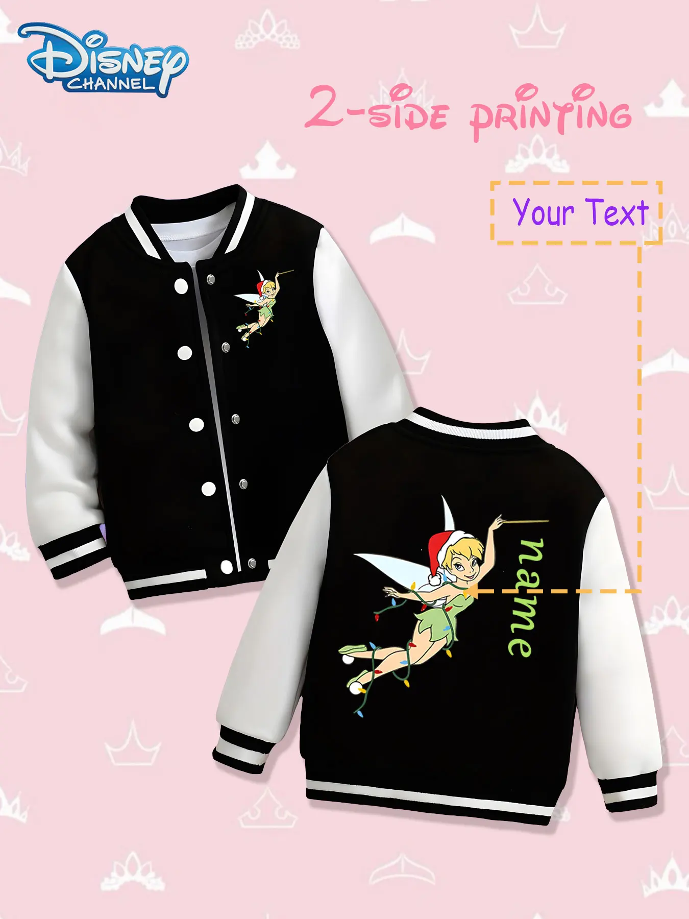 

MINISO Disney Tinker Bell Christmas Girls Baseball Jacket - Double-sided Christmas theme print, warm and smart in autumn and win