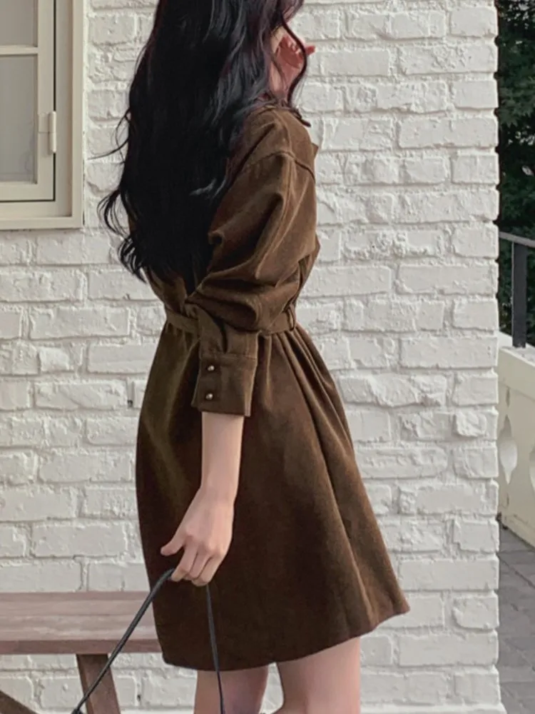 ربيع الخريف الدانتيل يصل قميص فستان المرأة الكورية سليم فستان بكم طويل النساء فساتين السيدات Vestidos #6