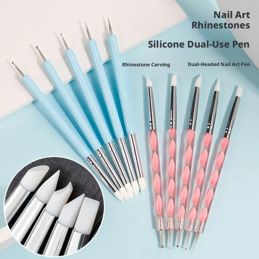Multifunctional UV Gel Polish Dotting Brush Professional Nail Art Dotting And Carving Pen Set Soft Silicone Tips Rhinestone Pen