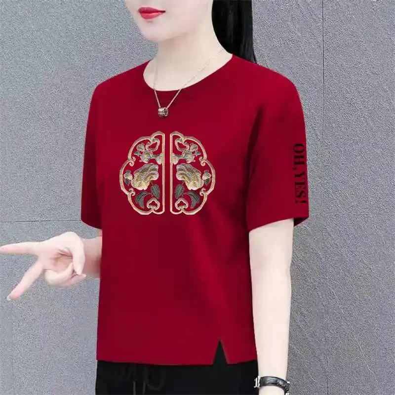 New Chinese Style Loose Short Sleeve T-Shirt Maternity Summer Tops for Women in Their Thirties Polyester Fiber round Neck