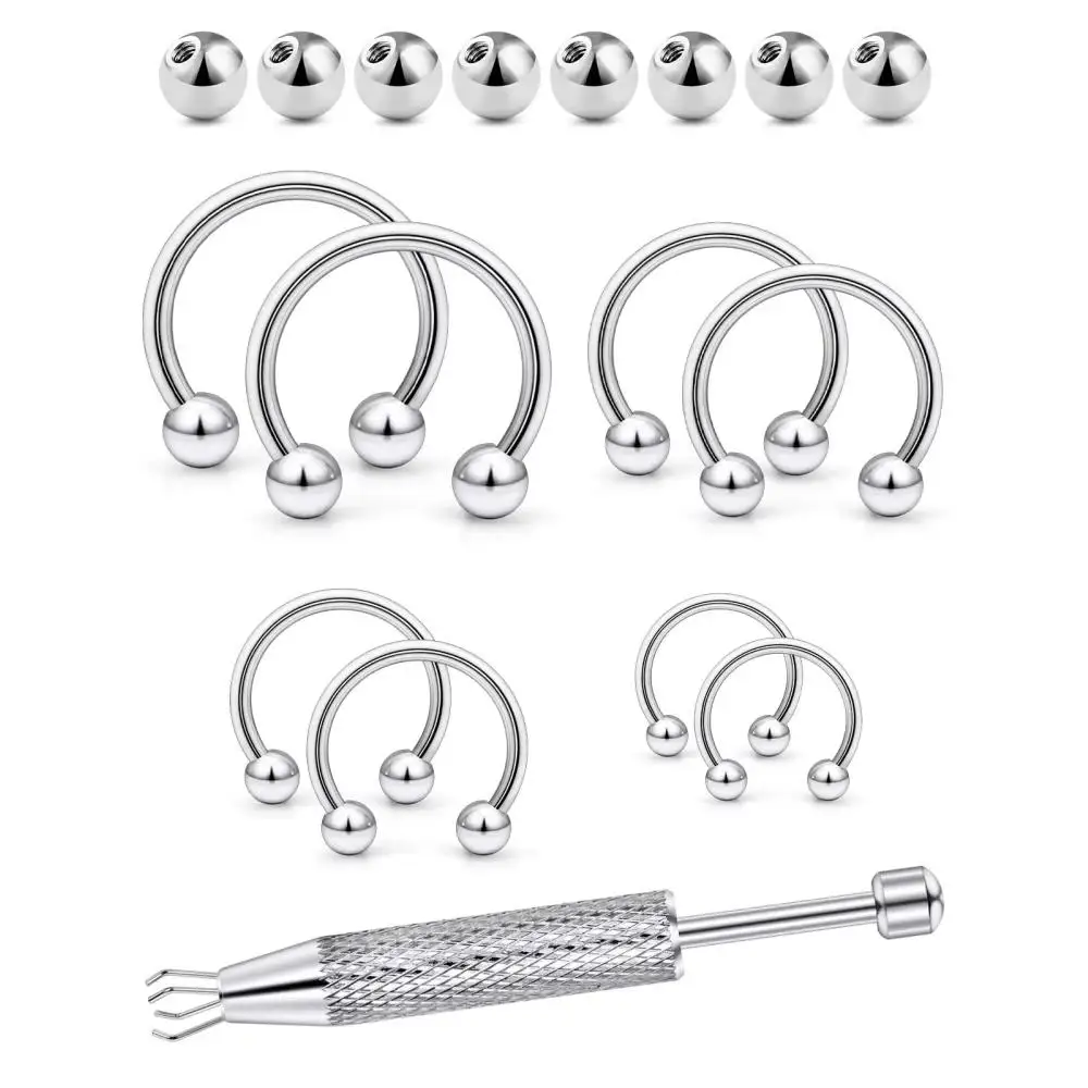 17Pcs Set Surgical Steel Horseshoe Septum Rings 6/8/10/12mm with Balls Tool Nose Cartilage Lip Fashion Body Piercing Jewelry