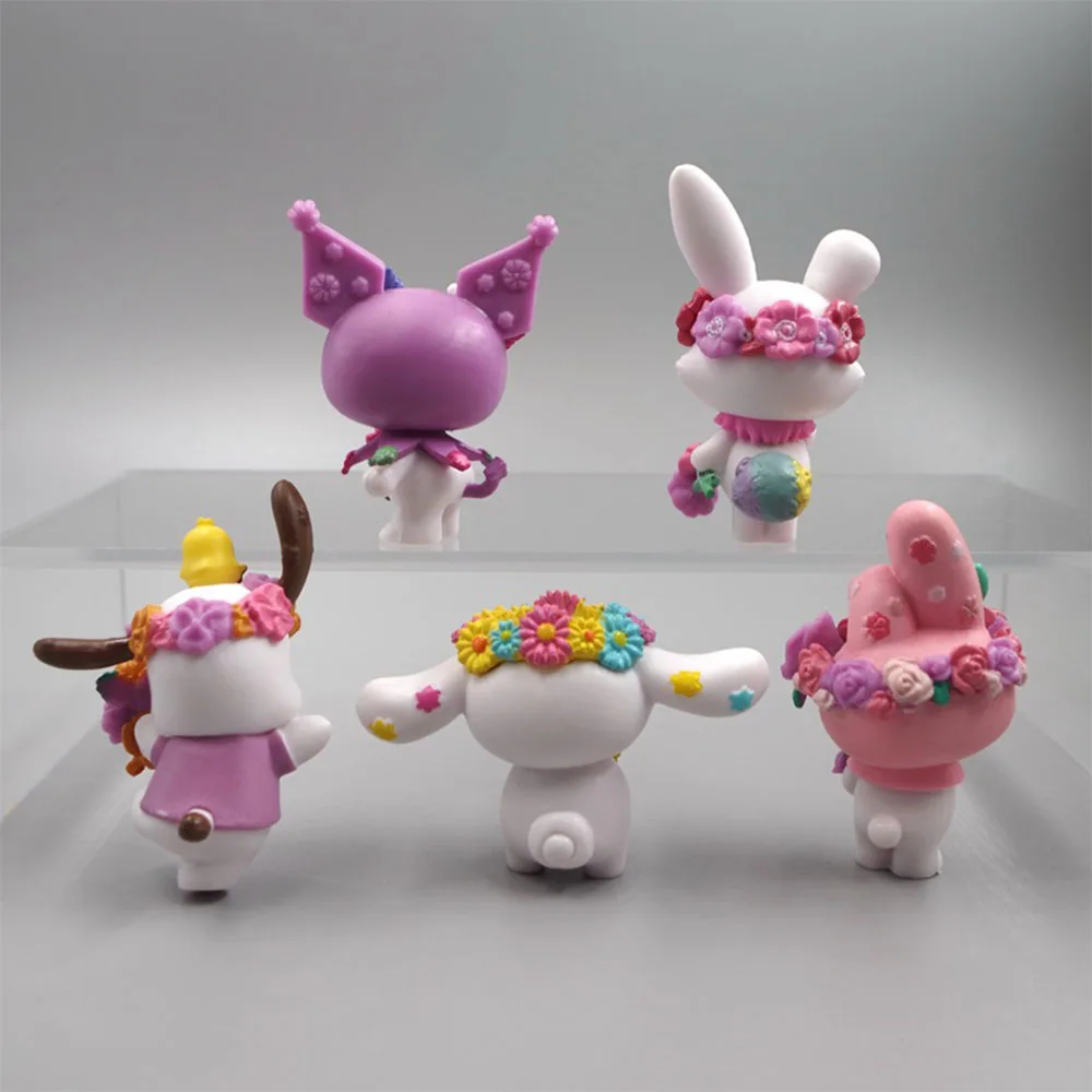 Sanrio Spring Flower Hello Kitty Kuromi Kawaii Toys Anime Figure Melody Cinnamoroll Cartoon Doll Decorations Suite 5pcs Gifts