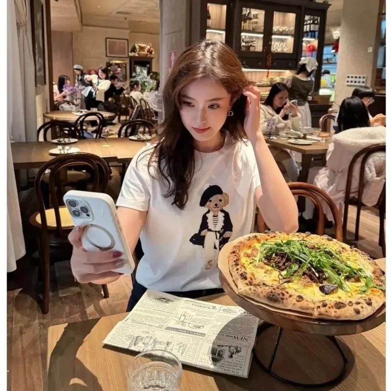 New Fashion Cartoon Panda T-shirt Women Summer Elegant O-Neck Short Sleeve Retro Embroidery Shirt Solid Color Thin Top