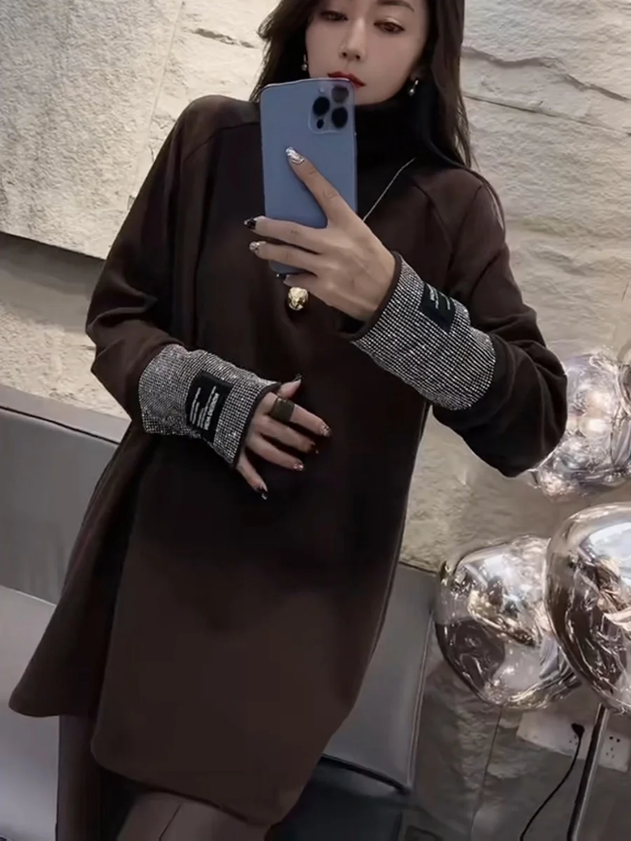 

Casual Loose Women's f High Collar T-irt Autumn Winter Rhinestone Base irt Trendy Polyester Fiber Long Sve irt