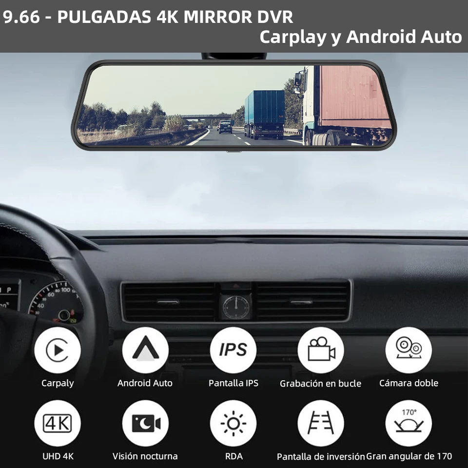 Cámara DVR para Auto con Espejo de 9.66 Pulgadas y Resolución 4K, Compatible con Android Auto, WiFi 5G, GPS, Cámara Trasera 1080P, Visión Nocturna, Grabación en Bucle, Monitor de Estacionamiento 24H