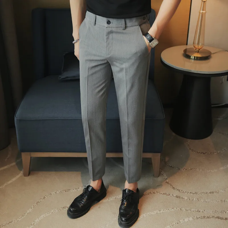 Pantalones formales para hombre, Pantalón de vestir con diseño de cinturón, sencillo y ajustado, traje informal de negocios, talla grande 38, 2023