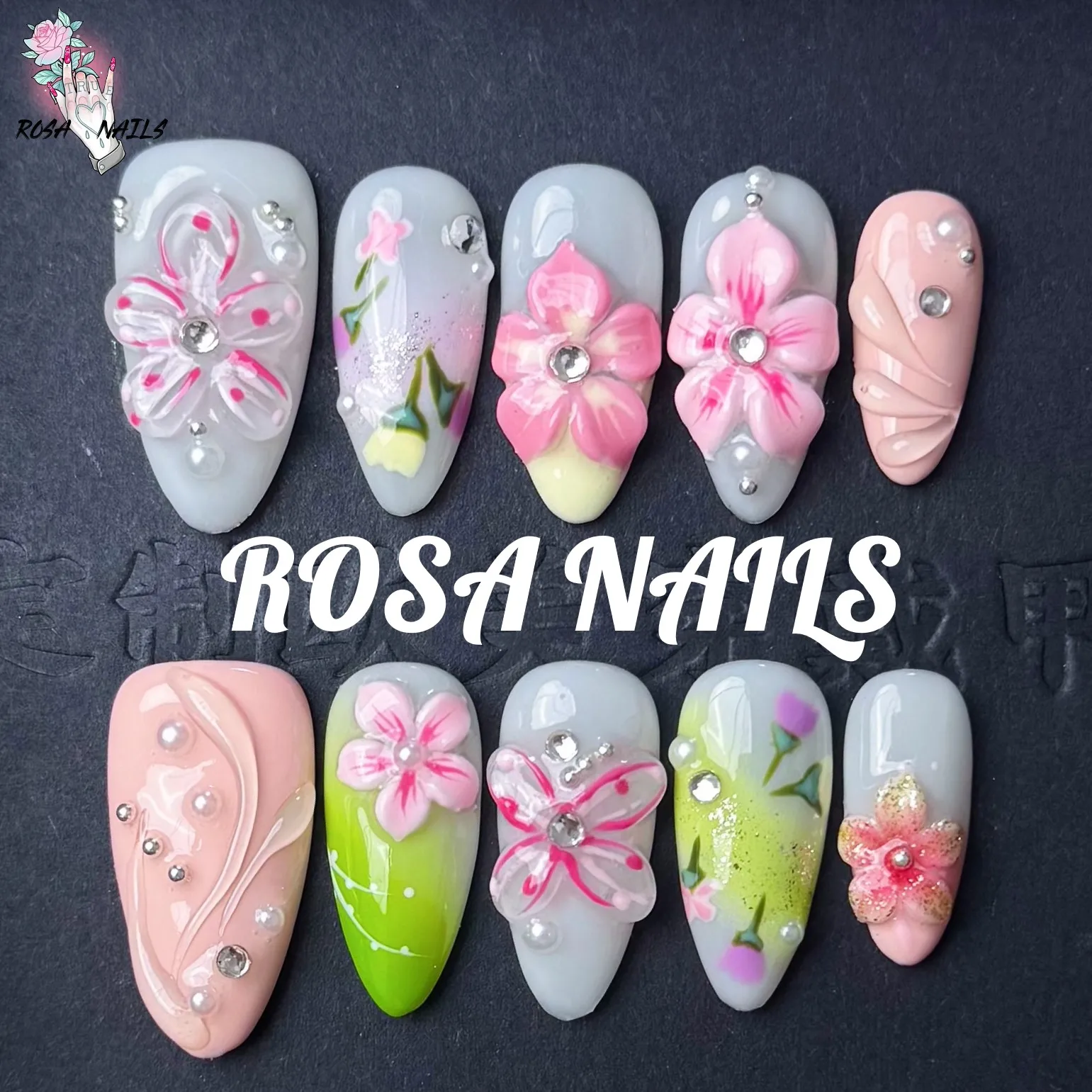 

3D Flower Handmade Press On Nails Acrylic Fake Nail Tips Medium Almond Pink Flowers Gradient Wearable 10pcs False Nail Pressons