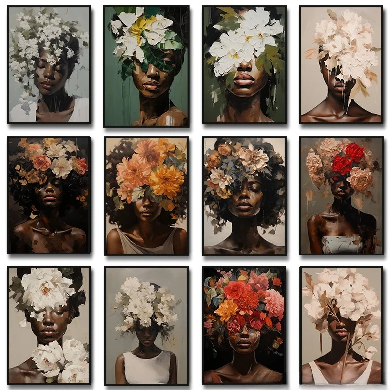 Toile d'art mural avec femme noire, pivoine, Rose, fleur de lys, peinture, affiches modernes, imprimés, image murale, décor de salon