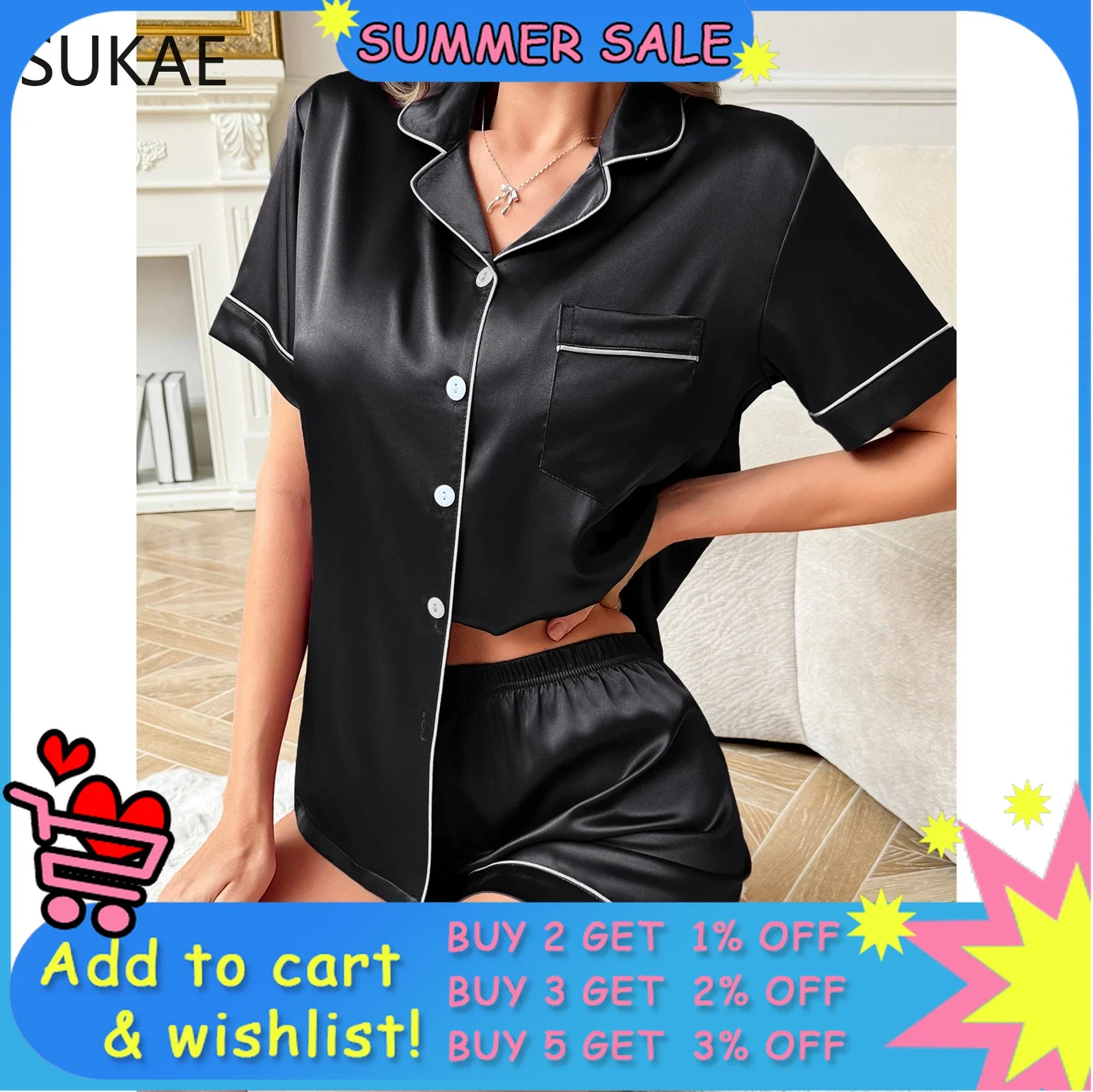 

SUKAE classic satin silk women pajama sets Summer Turn-down Collar Short Sleeves elegant Luxury Pyjamas Elegant Button Homewear