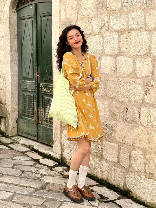 

French Sle Embroidered Lace Frill Belted round Ne Dr Summer 2025 Cotton Blend Long Sve V Ne Gown Women's irt