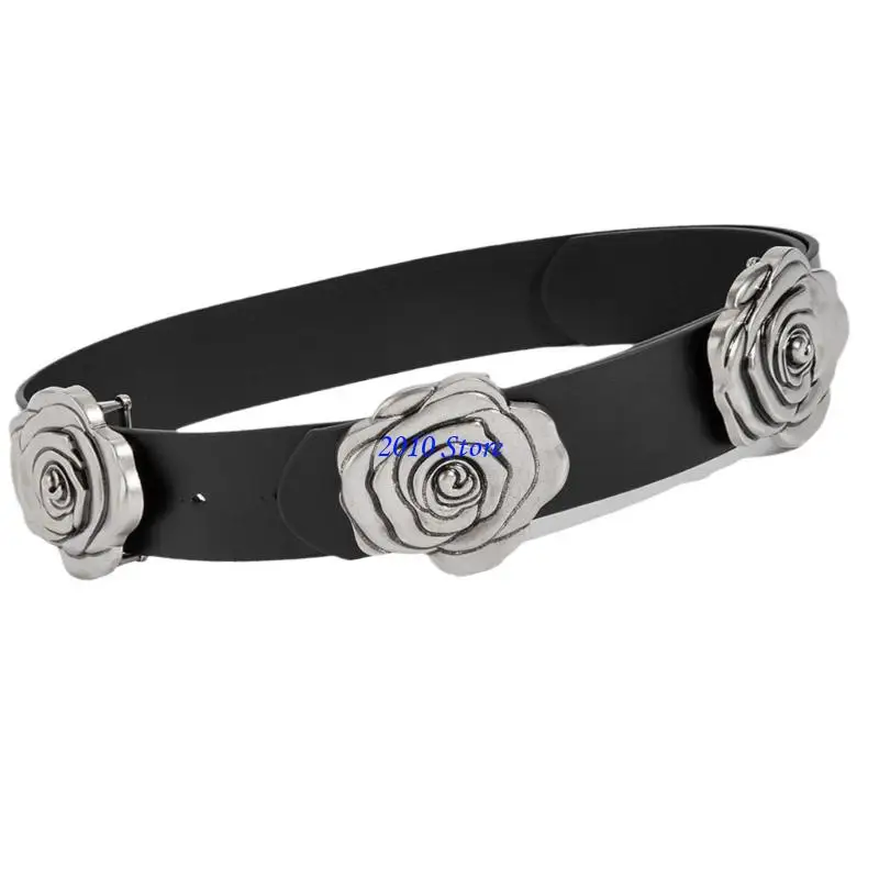 F3MF حزام ريترو قابل للتعديل للنساء مزين بأبازيم وردية واسعة من جلد البولي يوريثان حزام الخصر فساتين إكسسوار عصري #2