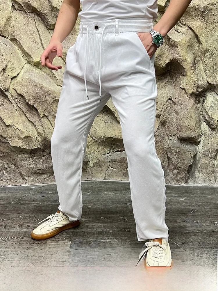 

Italian Vintage Sle l Linen Busin Casual Pants Men's Spring Summer Thin Breathable Loose Fit Long Straight Leg