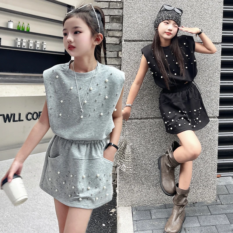 

summer teenage girls skirt set Cotton pearl sleeveless short top+skirt 2pcs junior kids suit children outfits Casual clothes 14