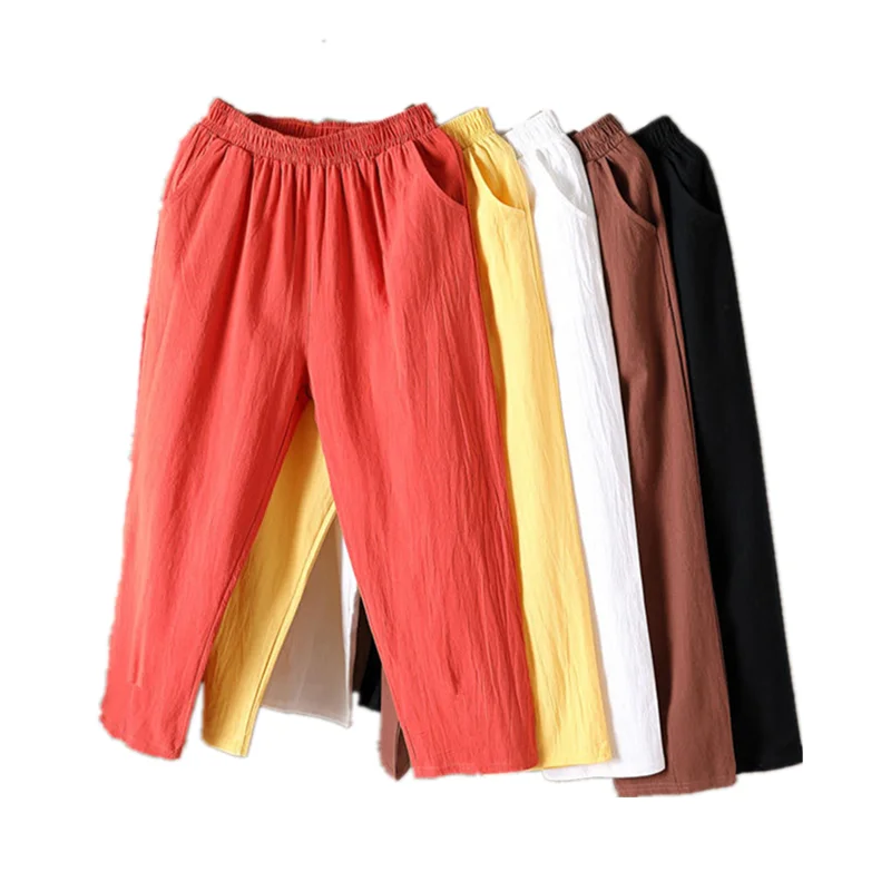 Pantaloni Harem in cotone e lino Donna Estate Sottile Casual Taglia grande Bianco Allentato Dimagrante Nove punti Pantaloni carota Vita alta Coreano...