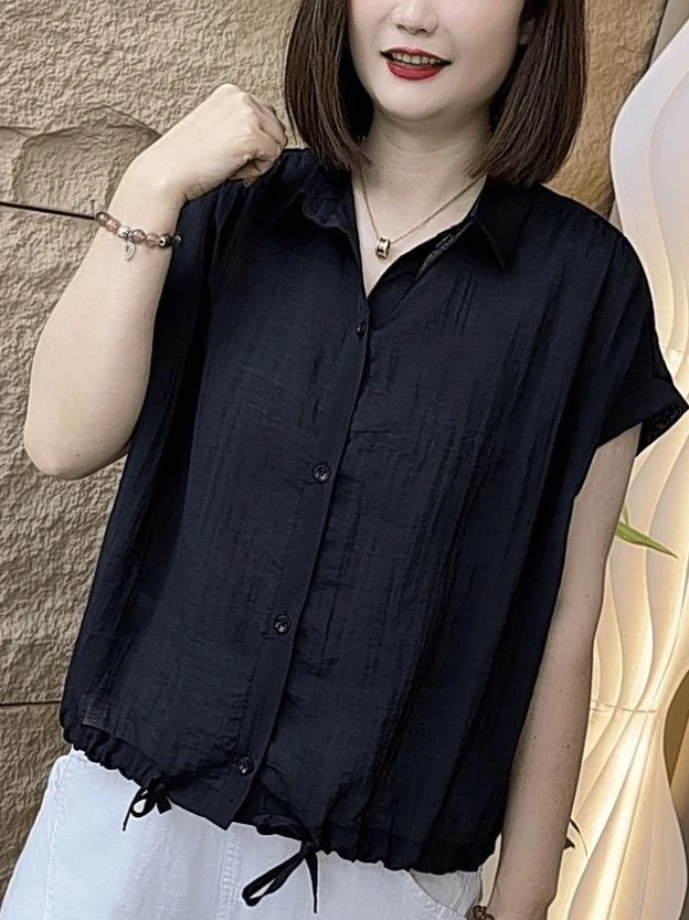 

Новая летняя модная свободная женская рубашка с коротким рукавом, повседневная универсальная стройнящая трендовая кофта с открытым воротником и завязками