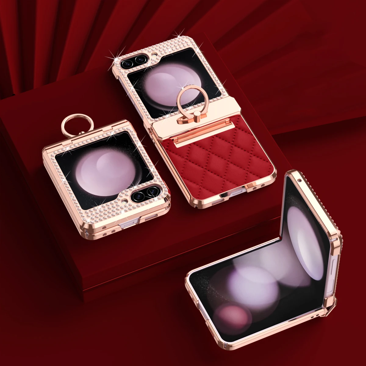 

Ring Electroplating Phone Case for Samsung Galaxy Z Flip 6 5 4 3 Flip6 Flip5 Flip4 Flip3 Diamond Sparkling Leather Shell Cover