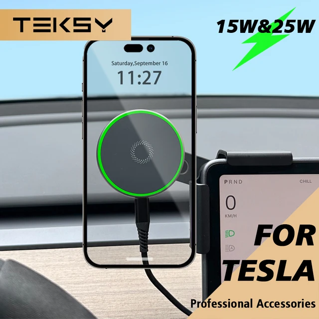 Uchwyt samochodowy na telefon 15W 25W kompatybilny z Qi2, magnetyczna ładowarka bezprzewodowa MagSafe do Tesla Model Y Juniper 2026 Model 3 BYD