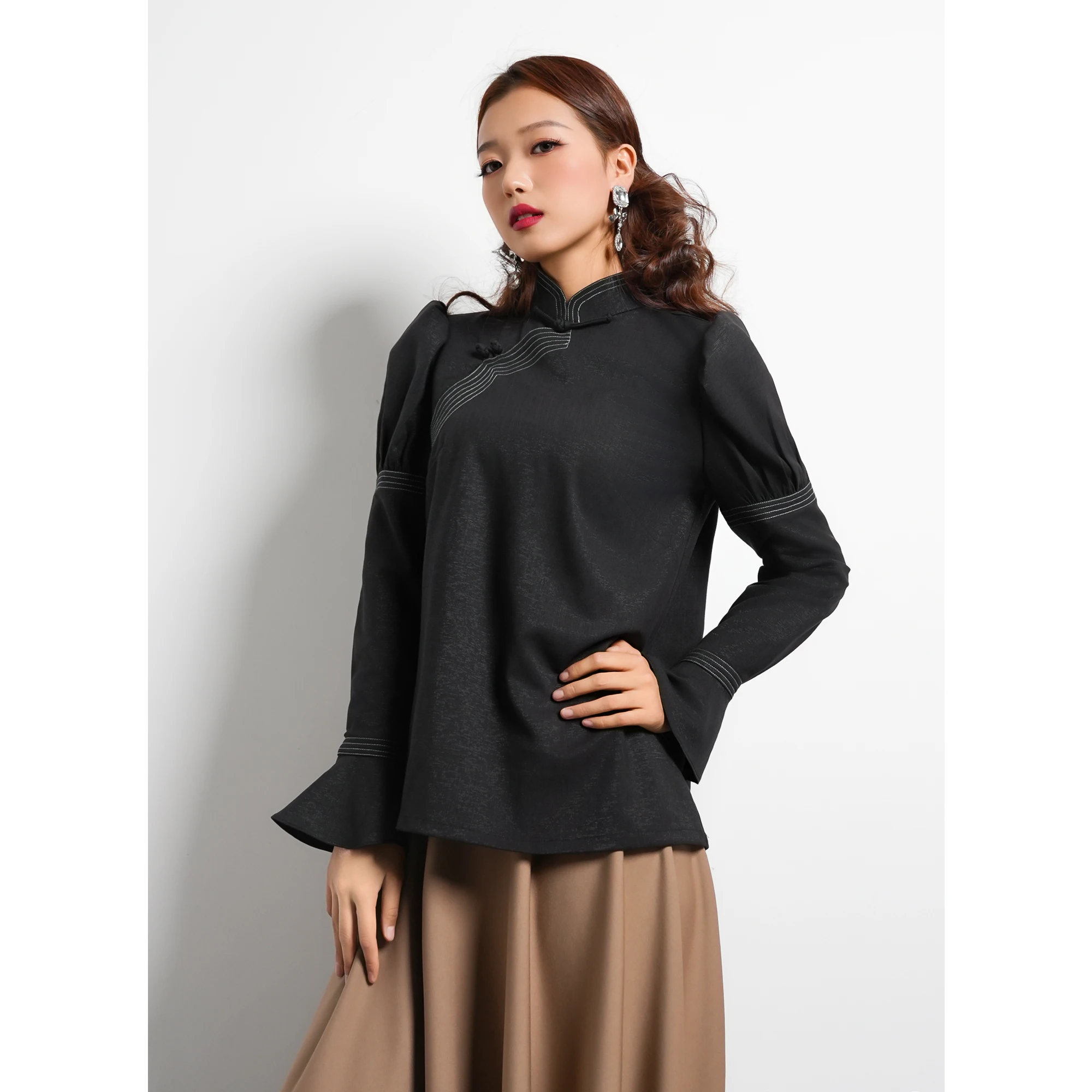 

Vintage Ethnic-Style Blouse with Horse-Hoof Sleeves · Black Stand Collar