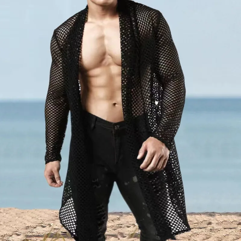 Black Sexy Men's Big Size Shawl Hollow Medium Long Cardigan Mesh See Through Long Sleeve Shirt Top Summer Jacket Mens Shirt New