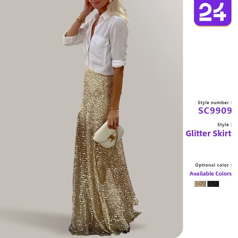 

iny Sequin Long f Skirt Women's Spring Autumn Independent Station Direct S Briti Sle Pleated Skirt Loose Fit