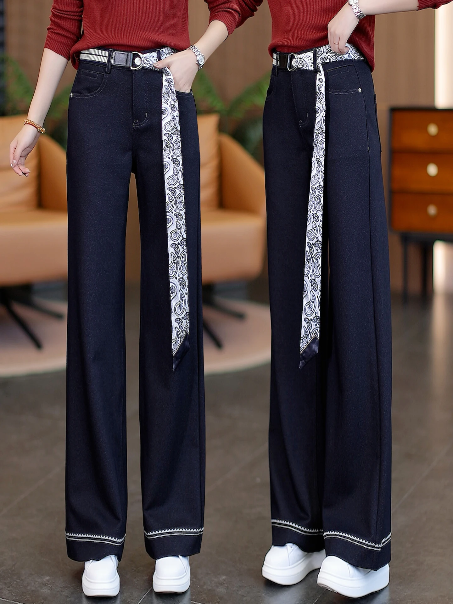 

Slim Fit Denim Blue Wide Leg Pants High Waist Loose Casual Straight Leg Trousers for Women Spring Autumn New Style