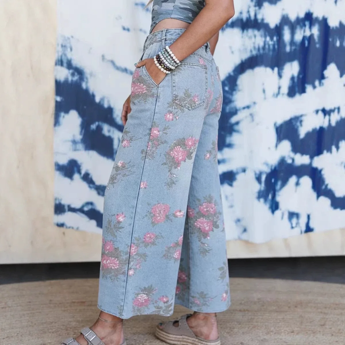 Y2K Retro Floral Print Wide Leg Cropped Jeans Women 2000s Style Light Blue High Waist Baggy Denim Pants