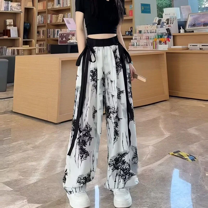 2024 Streetwear Summer Women Chiffon Wide-leg Pants Printing Streamer Bowknot Casual Pants Ladies Soft Elegant Straight Trousers