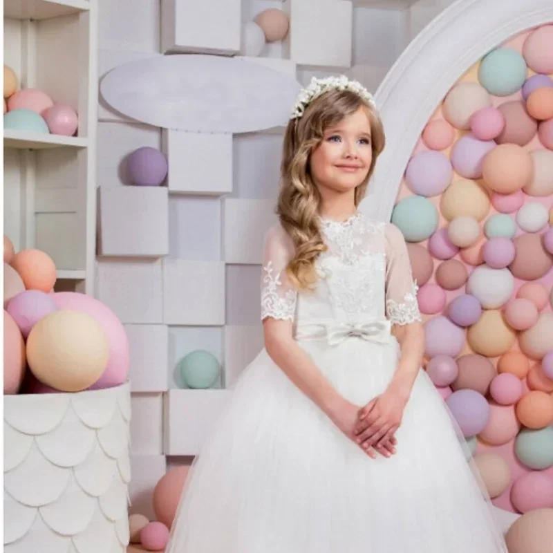 

Birthday Party Banquet First Communion Gowns Flower Girl Dresses White Lace Appliques With Bow Half Sleeve For Wedding