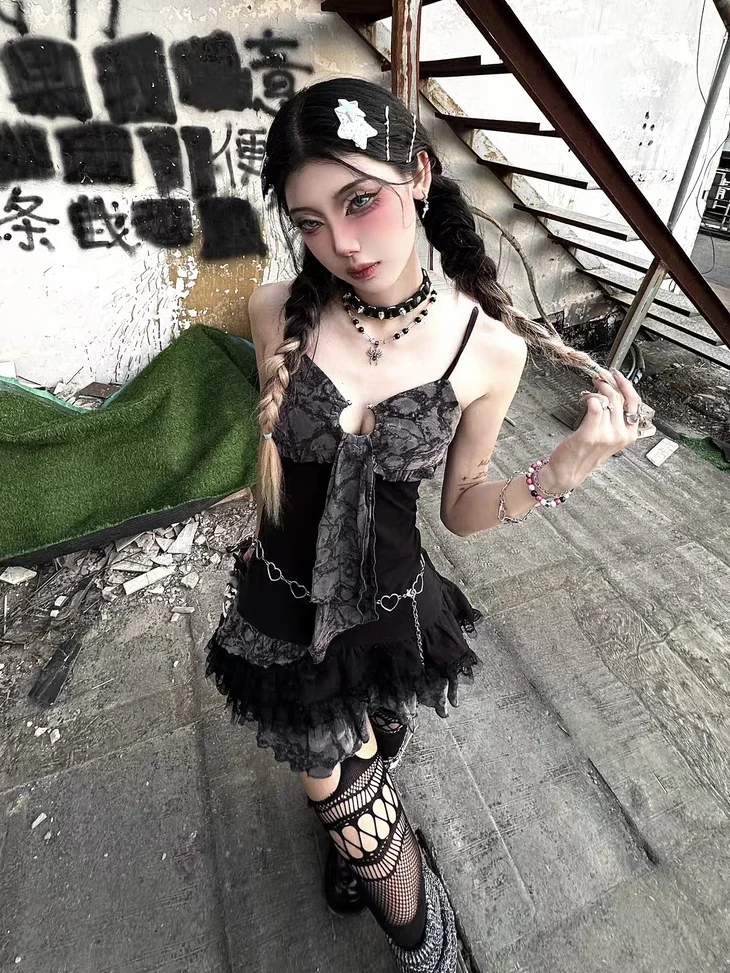 Sexy A-line Short Dress Girl Streetwear Punk Hotsweet City Goth Clothing Y2K Summer Coquette Top 2000s Party Skirt Sling Dresses