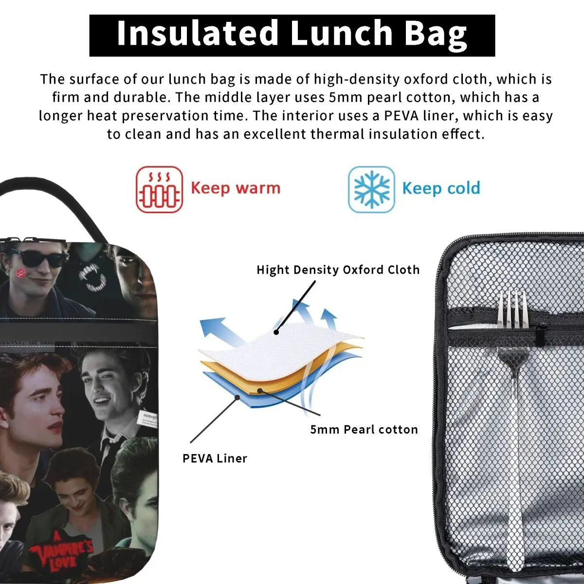 The Twilight Saga Edward Cullen Insulated Lunch Bag for Women Kids Portable Food Boxes Thermal Lunch Box Tote