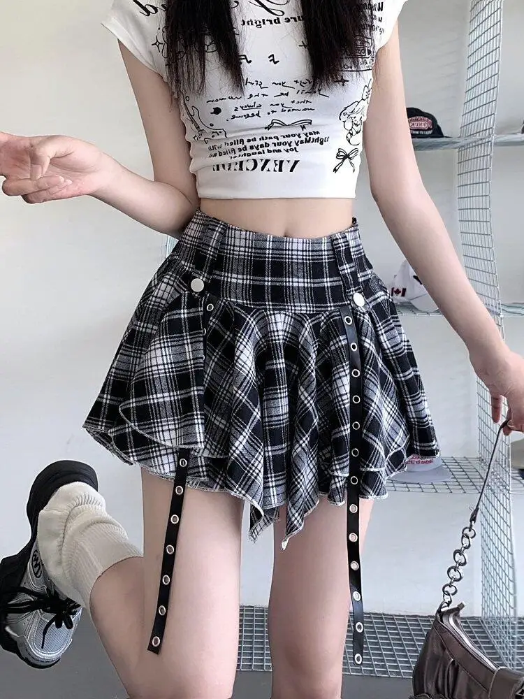 Punk Plaid Mini Skirt Irregular Handkerchief Hem with Hanging Straps Women Teenage Girl Y2K Grunge Outfit