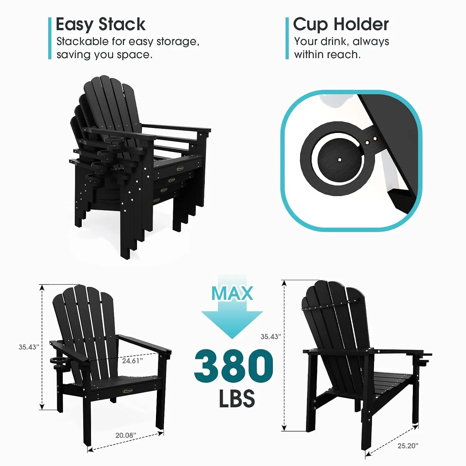 Stackable Adirondack Chair 4pcs, HDPE Outdoor Chair with Cup Holder, Wide Seat for Deck Backyard Lawn, Black, Customized