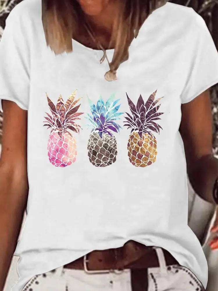 Print T Shirt Short Sleeve Clothes Summer Fashion Women Clothing Pineapple Sweet Lovely Graphic T-shirt Kawaii Basic Tee Top