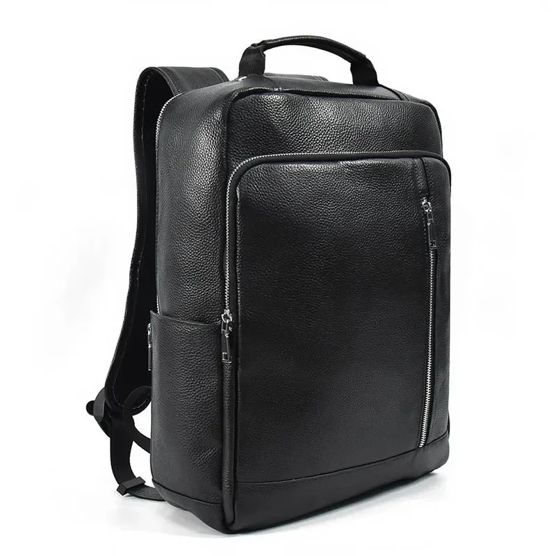 Ransel kulit hitam untuk pria, tas punggung pria kulit sapi asli, tas sekolah bisnis, tas Laptop 15.6 "USB