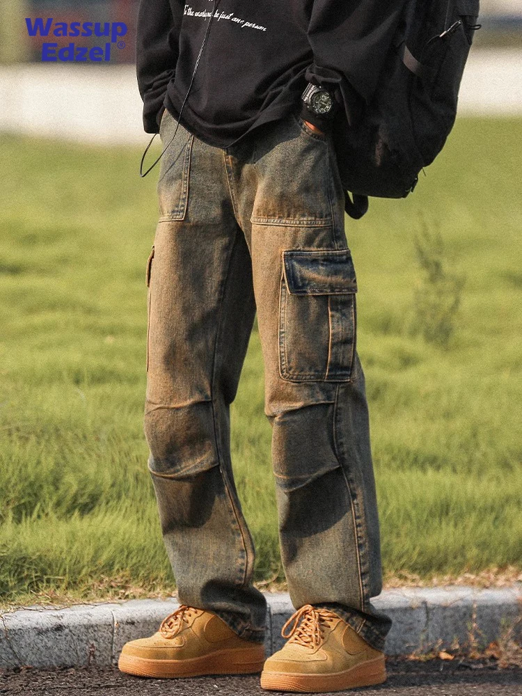 WASSUP EDZEL ملابس العمل الأمريكية الرجعية الجينز فضفاضة مستقيم الساق الرجال السراويل Sli بناطيل طويلة غير رسمية لخريف #1
