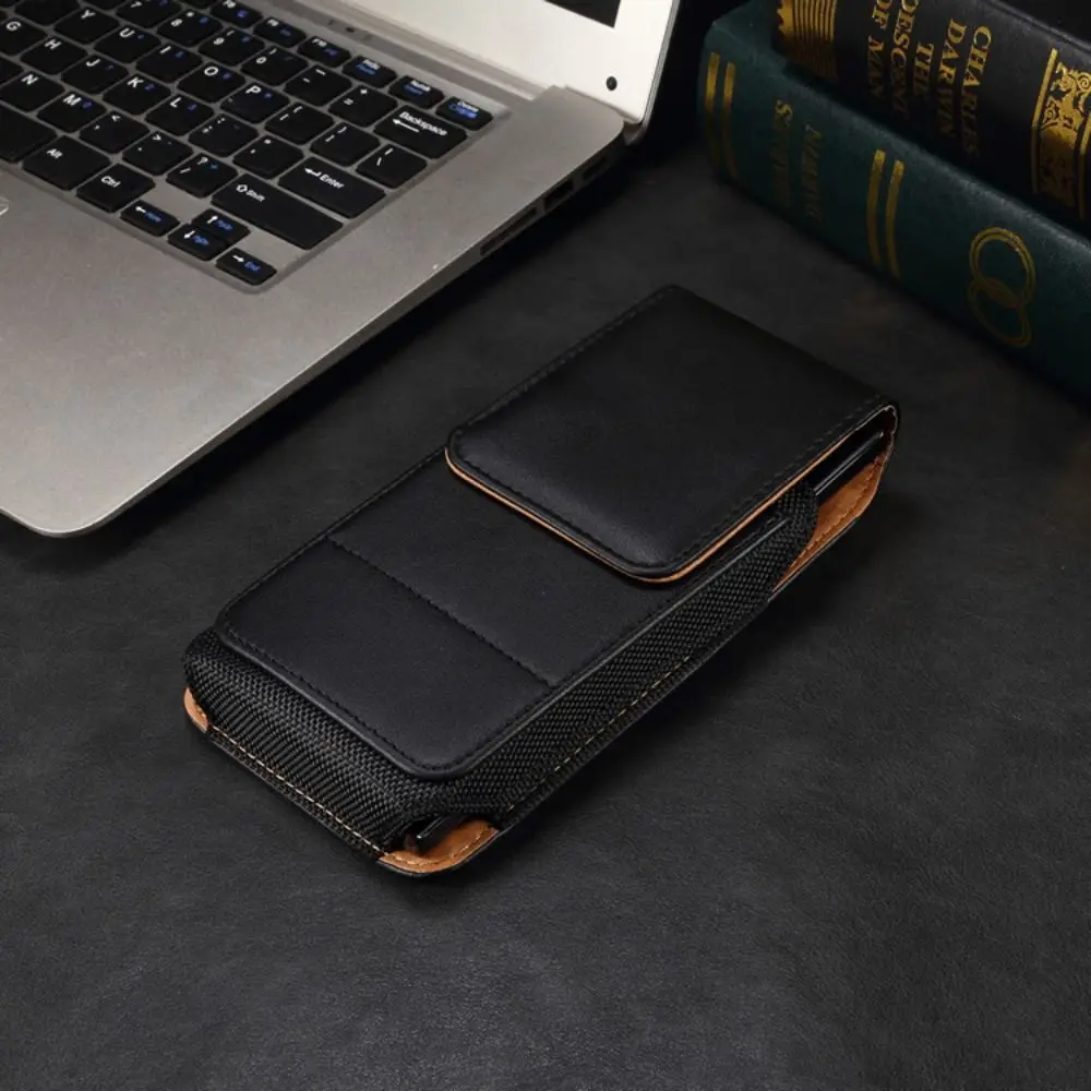 

Card Slot PU Leather Belt Clip Case Magnetic Closure Adjustable Mobile Phone Waist Bag Textured Design Back Clip Vertical Cover