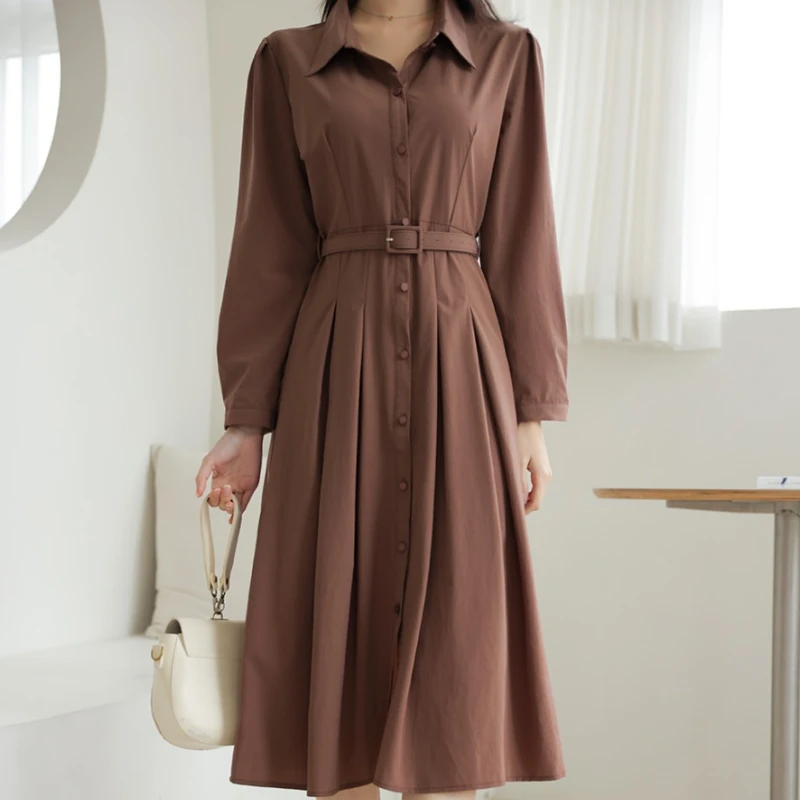 Donne oversize 3XL Primavera Estate Abiti lunghi Office Lady Elegante camicia a maniche lunghe a vita alta Abiti con cintura jurk dames