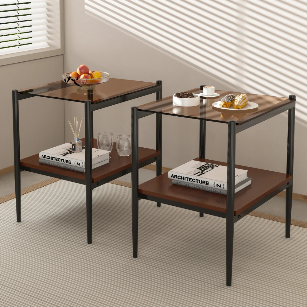 

Set of 2 Rectangle End Table, Tempered Glass Tabletop with MDF layer, Modern Table for Living Room, Brown Glass